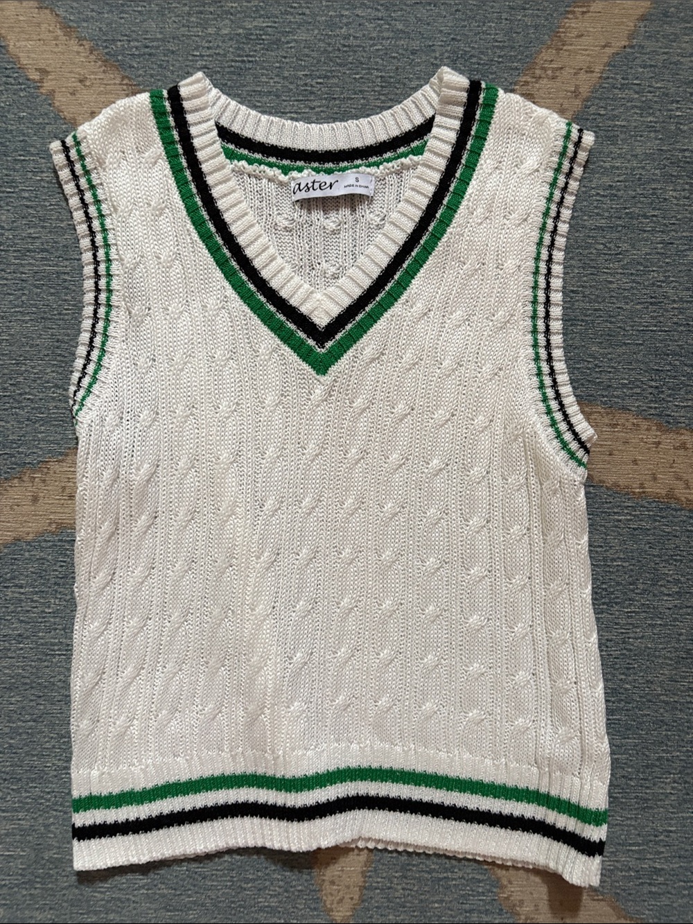 White Cable Knit V-Neck Sweater Vest with Green & Black Trim